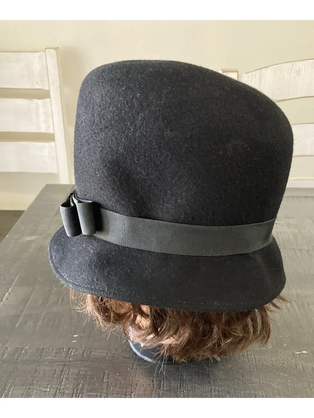 Vintage Womens Black Wool Bowler Derby Hat Bow Union Made Large Mid Century Neco